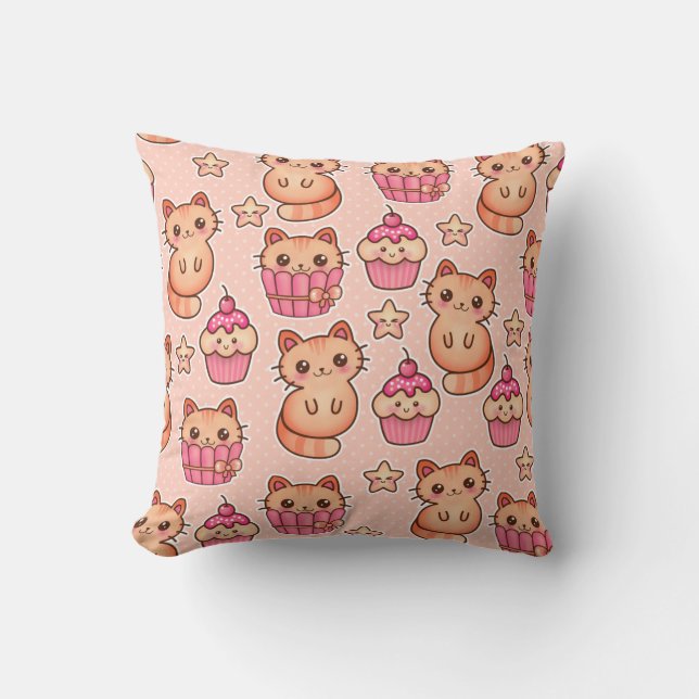 Kawaii Cute Cats and Cupcakes Pink Pattern Throw Pillow (Front)