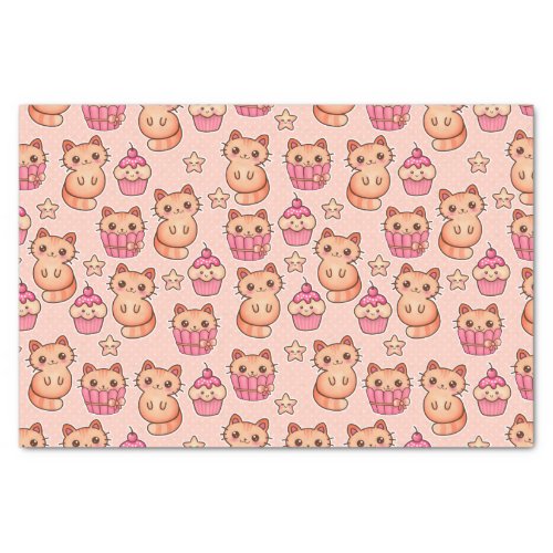 Kawaii Cute Cats and Cupcakes Pink Pattern Tissue Paper