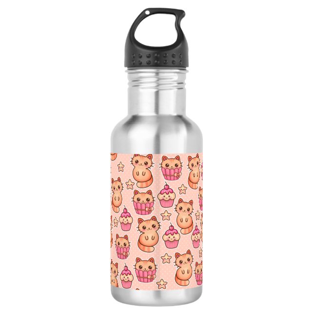 Kawaii Cute Cats and Cupcakes Pink Pattern Water Bottle (Front)