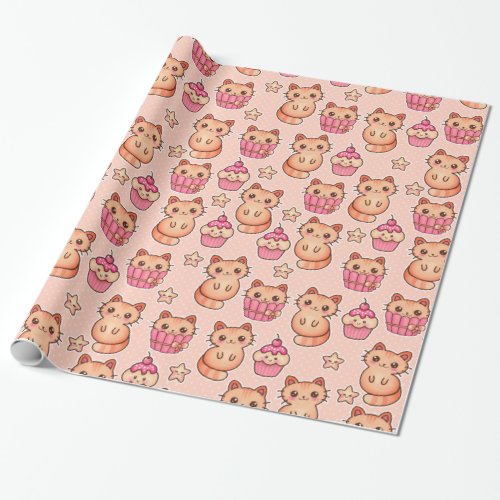 Kawaii Cute Cats and Cupcakes Pink Pattern Wrapping Paper