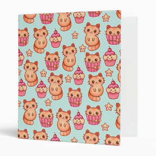 Kawaii Cute Cats Cupcakes Pink and Blue Pattern 3 Ring Binder