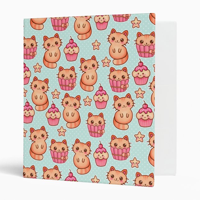 Kawaii Cute Cats Cupcakes Pink and Blue Pattern 3 Ring Binder (Front/Inside)