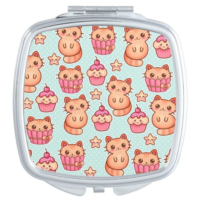 Kawaii Cute Cats Cupcakes Pink and Blue Pattern Compact Mirror (Front)