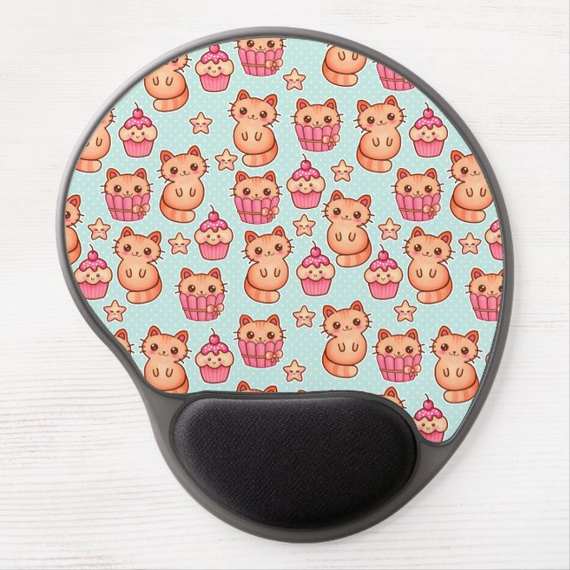 Kawaii Cute Cats Cupcakes Pink and Blue Pattern Gel Mouse Pad (Front)