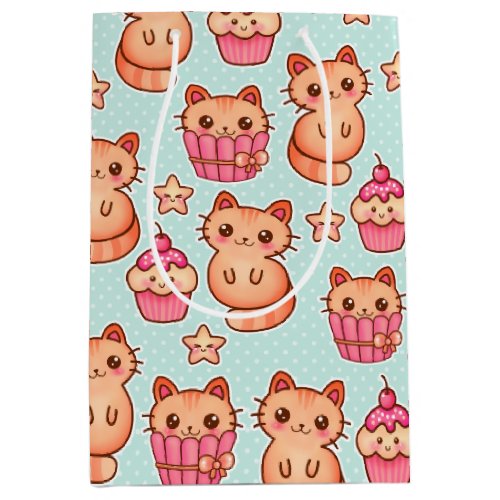 Kawaii Cute Cats Cupcakes Pink and Blue Pattern Medium Gift Bag