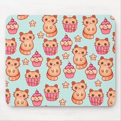 Kawaii Cute Cats Cupcakes Pink and Blue Pattern Mouse Pad