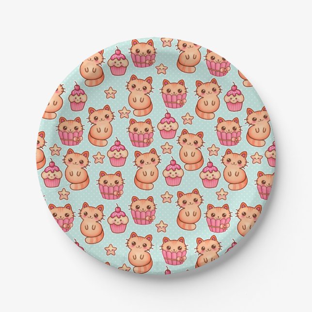 Kawaii Cute Cats Cupcakes Pink and Blue Pattern Paper Plates (Front)