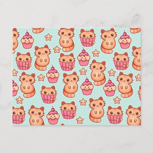 Kawaii Cute Cats Cupcakes Pink and Blue Pattern Postcard