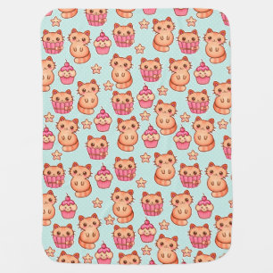 Kawaii Cute Cats Cupcakes Pink and Blue Pattern Receiving Blanket