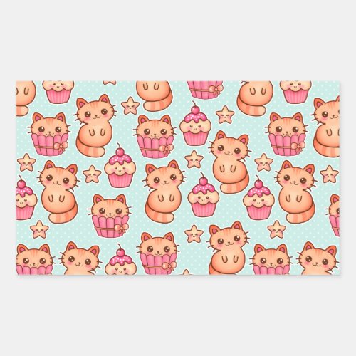 Kawaii Cute Cats Cupcakes Pink and Blue Pattern Rectangular Sticker