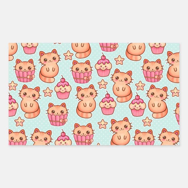 Kawaii Cute Cats Cupcakes Pink and Blue Pattern Rectangular Sticker (Front)
