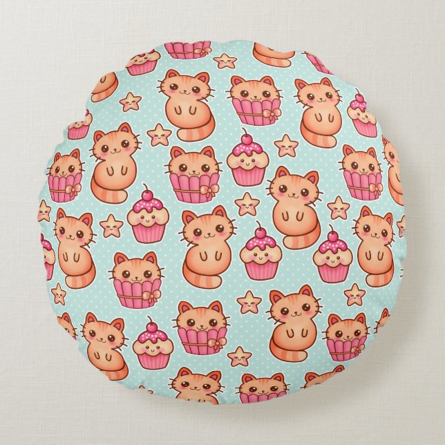 Kawaii Cute Cats Cupcakes Pink and Blue Pattern Round Pillow (Front)