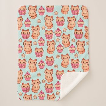 Kawaii Cute Cats Cupcakes Pink And Blue Pattern Sherpa Blanket by VintageDesignsShop at Zazzle