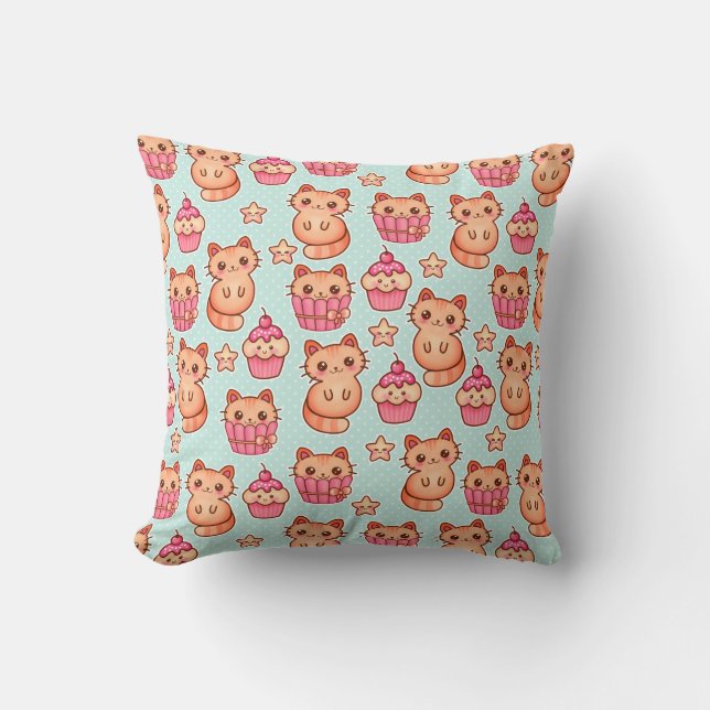 Kawaii Cute Cats Cupcakes Pink and Blue Pattern Throw Pillow (Front)