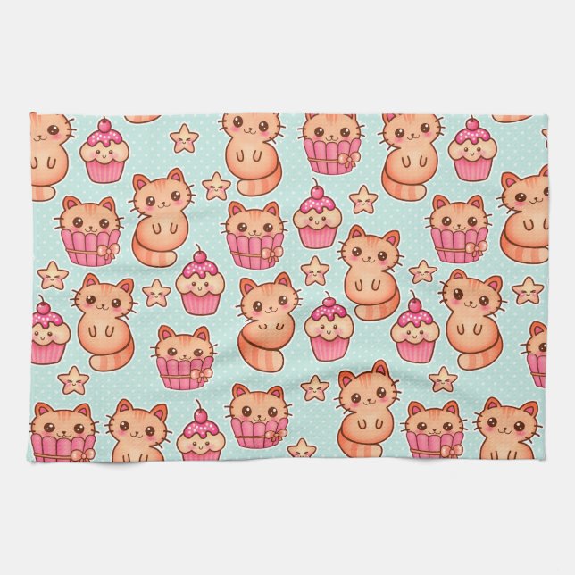 Kawaii Cute Cats Cupcakes Pink and Blue Pattern Towel (Horizontal)