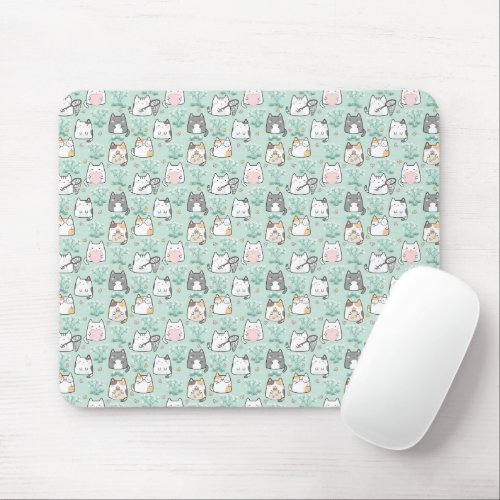 Kawaii Cute Cats  Flower Pattern Green Background Mouse Pad