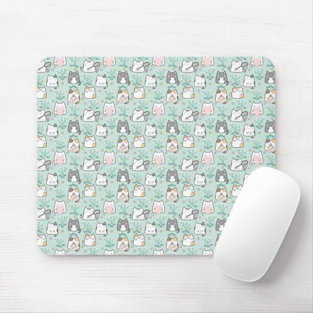 Kawaii Cute Cats & Flower Pattern Green Background Mouse Pad (With Mouse)