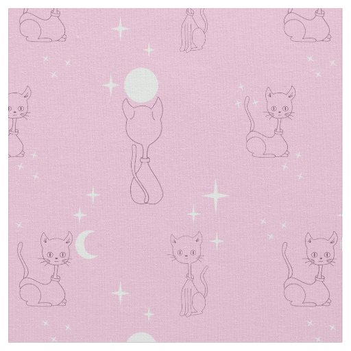 Kawaii Cute Cats Moon Stars Pink Pattern Fabric