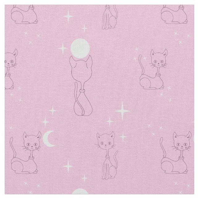 Kawaii Cute Cats Moon Stars Pink Pattern Fabric (Close Up)