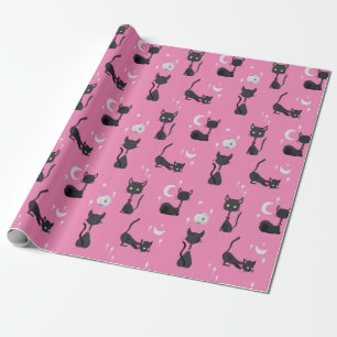 Kawaii Cute Cats Moon Stars Pink Wrapping Paper