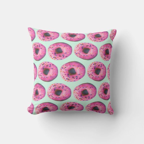 kawaii cute chic girly pattern mint and pink donut outdoor pillow