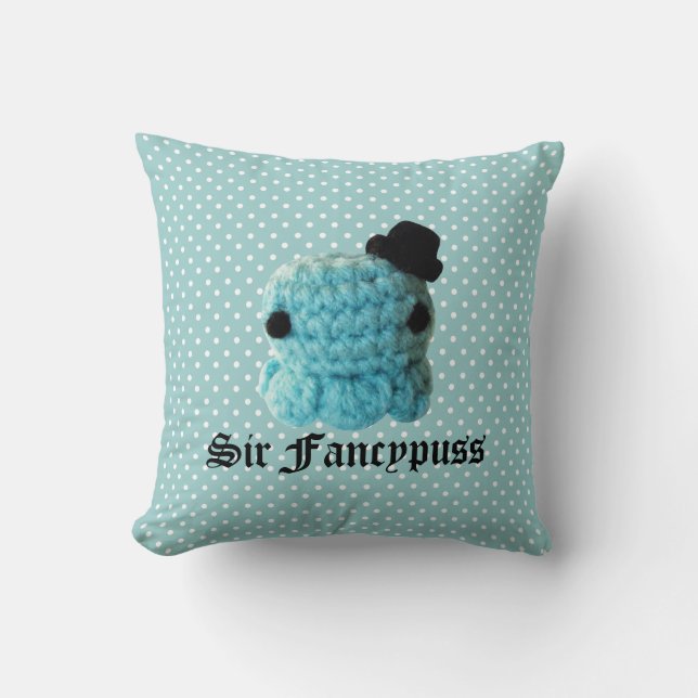Kawaii Cute Crochet Amigurumi Octopus Top Hat Blue Throw Pillow (Front)