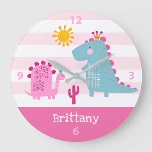 Kawaii Cute Dinosaur Girl Pink Nursery Custom Name Large Clock