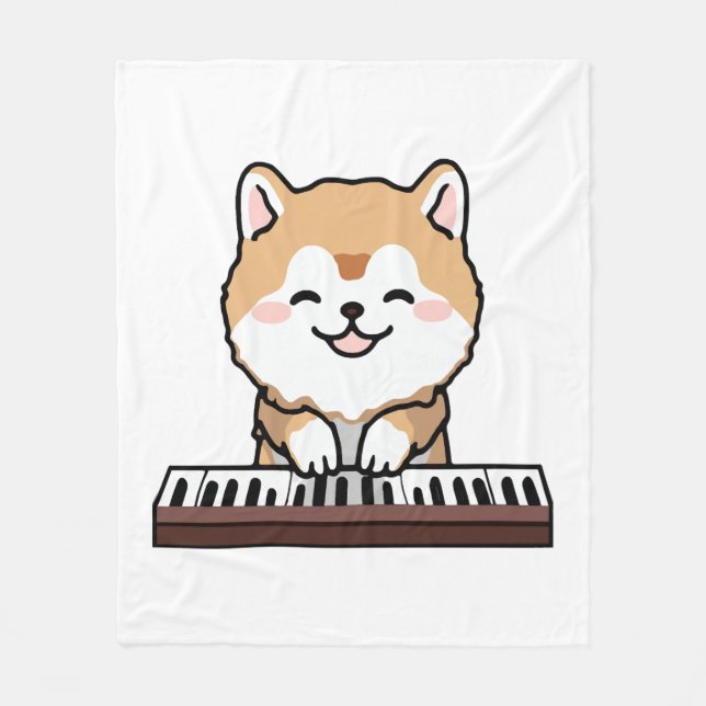 Kawaii Cute Dog Playing Piano Keyboard Fleece Blanket (Front)