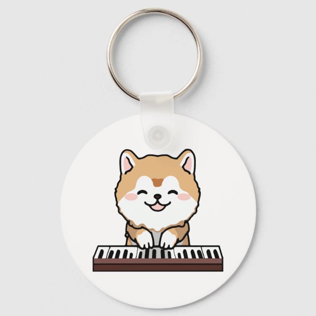 Kawaii Cute Dog Playing Piano Keyboard Keychain (Front)