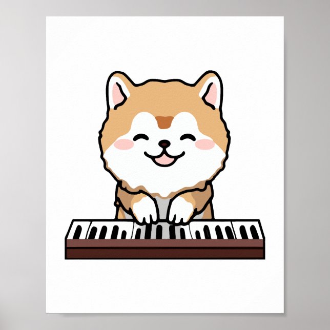 Kawaii Cute Dog Playing Piano Keyboard Poster (Front)