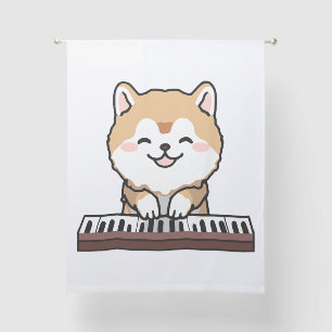 Kawaii Cute Dog Playing Piano Keyboard Sheer Curtains