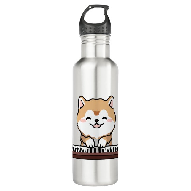 Kawaii Cute Dog Playing Piano Keyboard Stainless Steel Water Bottle (Front)