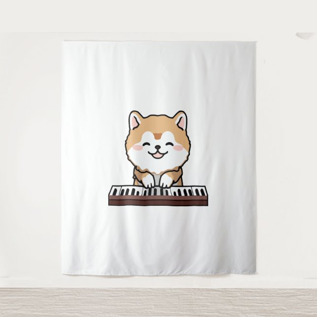 Kawaii Cute Dog Playing Piano Keyboard Tapestry (Front)