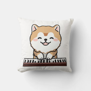 Kawaii Cute Dog Playing Piano Keyboard Throw Pillow