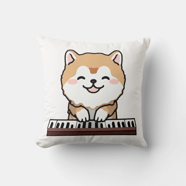Kawaii Cute Dog Playing Piano Keyboard Throw Pillow (Front)