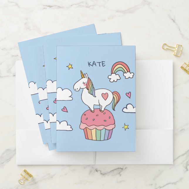 Kawaii Cute Doodle Rainbow Unicorn and Stars. Pocket Folder (In Situ)