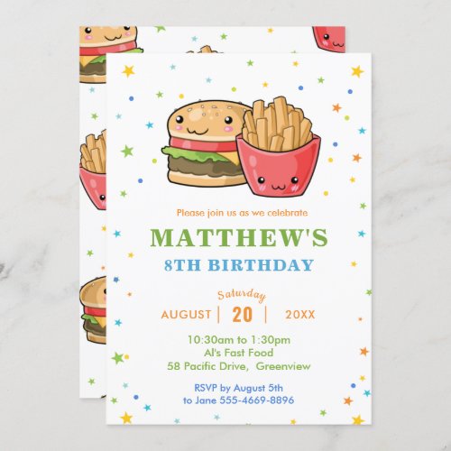 Kawaii Cute Fast Food Burger Party Boy Birthday Invitation