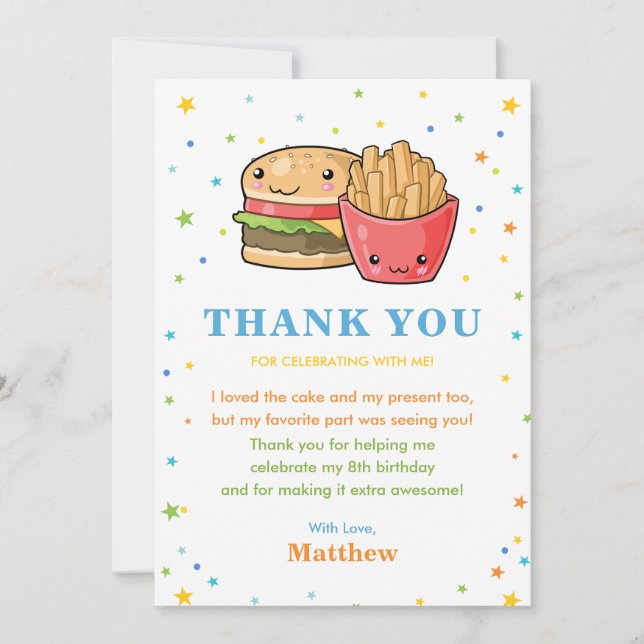 Kawaii Cute Fast Food Burger Party Boy Birthday Thank You Card (Front)