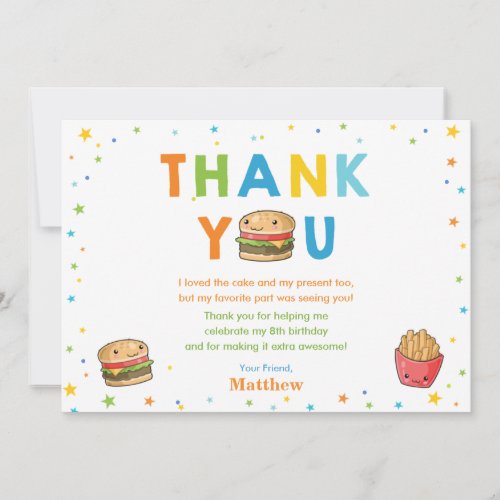 Kawaii Cute Fast Food Burger Party Boy Birthday Thank You Card