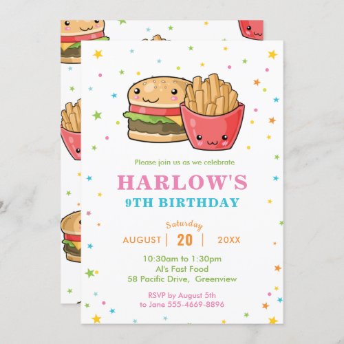 Kawaii Cute Fast Food Burger Party Girl Birthday Invitation