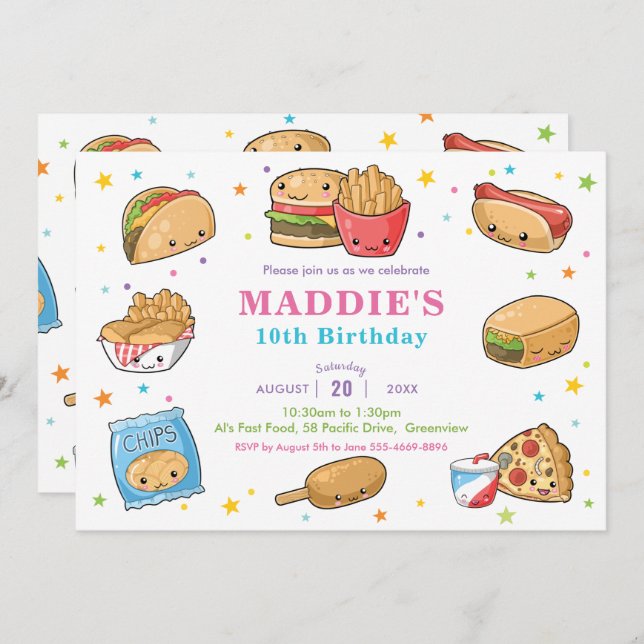 Kawaii Cute Fast Food Party Girl Birthday Invitation (Front/Back)