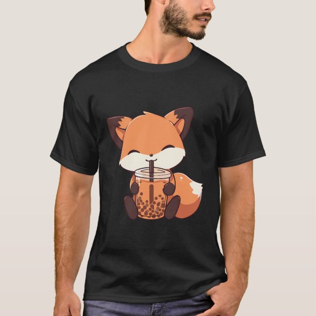 Kawaii Cute Fox Drinking Boba Bubble Milk Tea T-Shirt (Front)