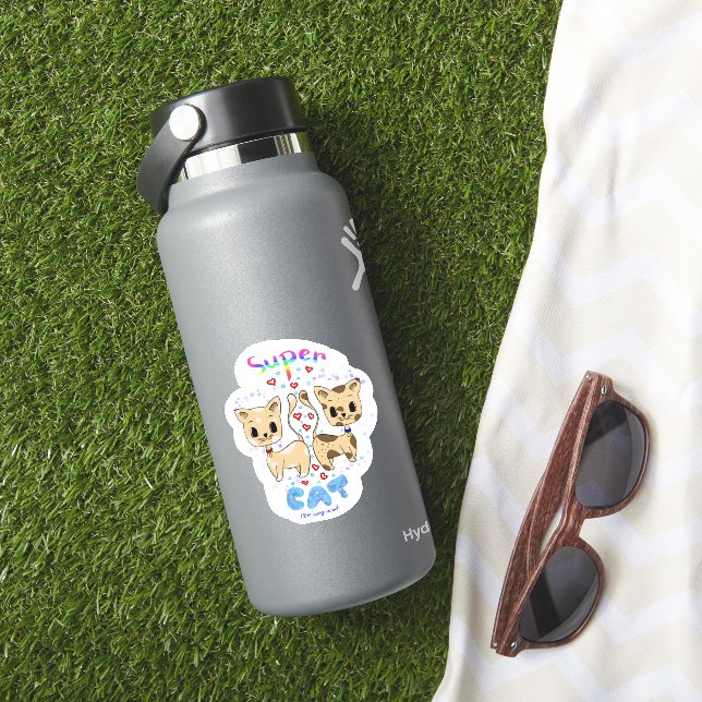 Kawaii Cute Funny Super Cat Custom cut vinyl  Sticker (HydroFlask Insitu)