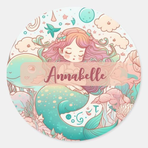 Kawaii Cute Girl Mermaid Personalized  Classic Round Sticker