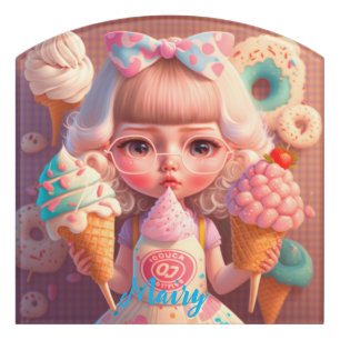 Kawaii cute girl with ice creams         door sign