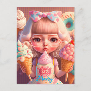 Kawaii cute girl with ice creams postcard