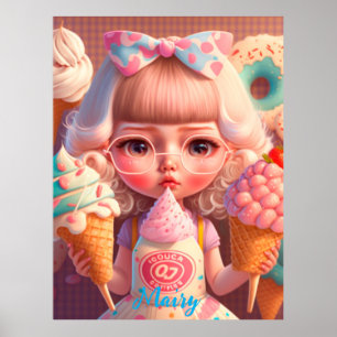 Kawaii cute girl with ice creams poster