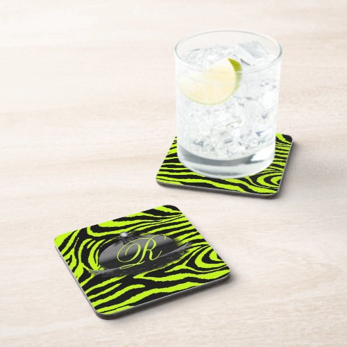 Kawaii cute girly Lime green zebra print monogram Drink Coaster