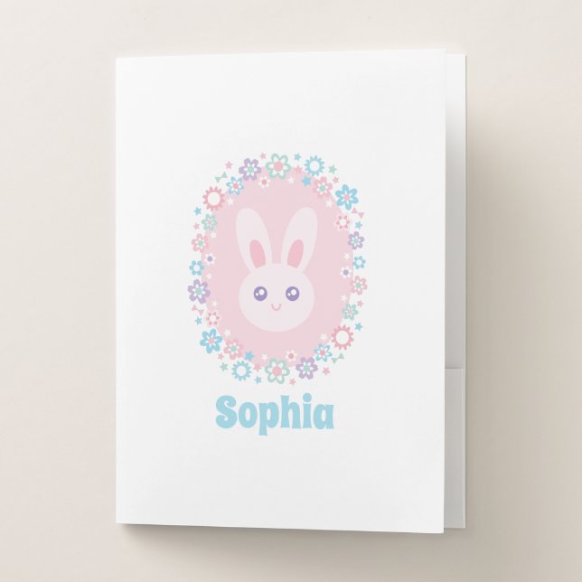 Kawaii Cute Girly Pink Bunny Rabbit Pastel Flowers Pocket Folder (Front)