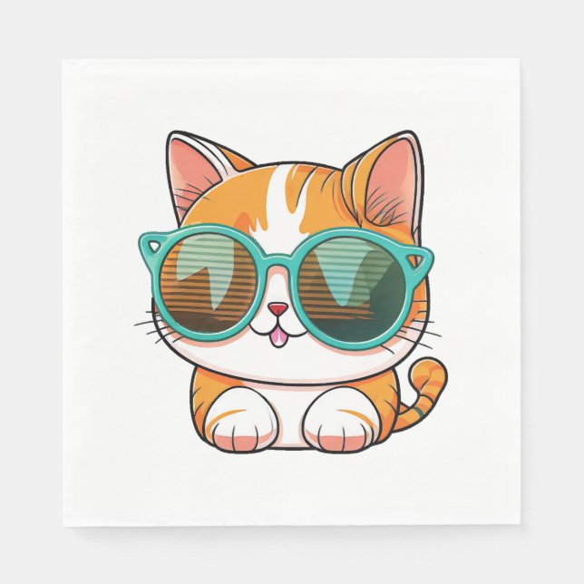 Kawaii Cute Happy Colorful Cat with Sunglasses Napkins (Front)